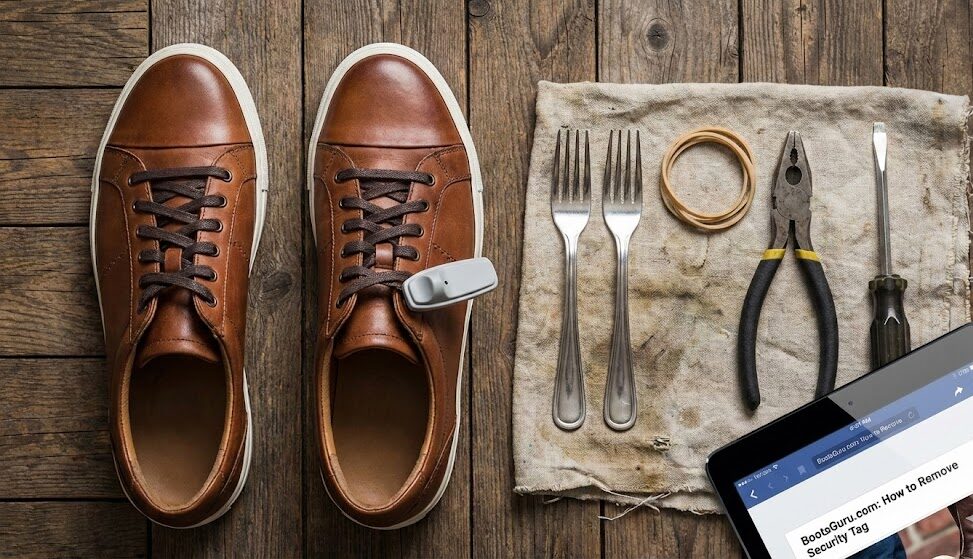 Close-up of brown leather shoes, shoe removal tools, and a smartphone on a wooden surface, illustrating methods to remove security tags from shoes without a magnet.