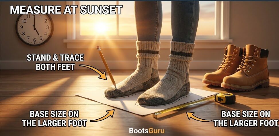 Guide for measuring foot size at sunset