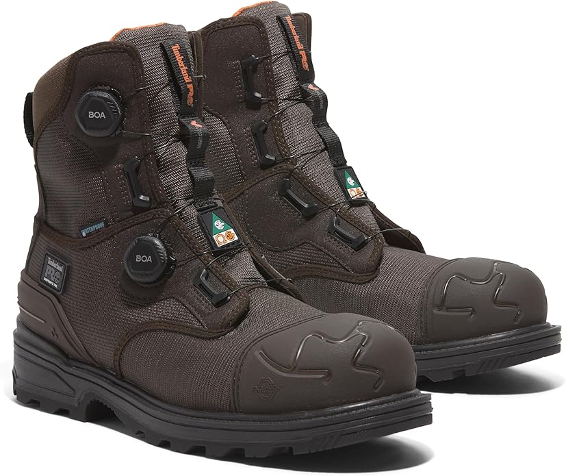 Waterproof brown work boots with secure fit system