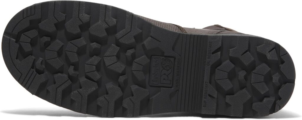 Bottom view of rugged Timberland boot sole.