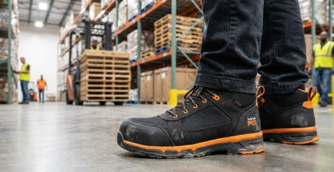 Safety boots worn in a warehouse setting.