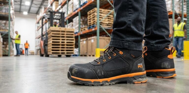 Safety boots worn in a warehouse setting.