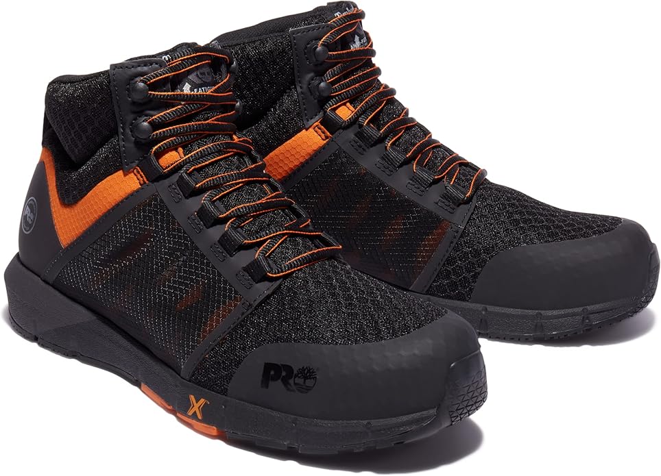 Black and orange breathable athletic shoes.