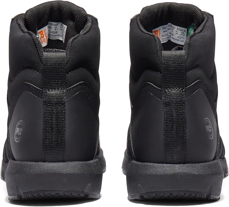 Rear view of black high-top sneakers.