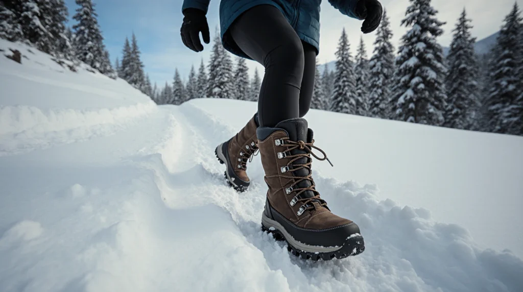 Person walking in snow wearing brown winter boots.