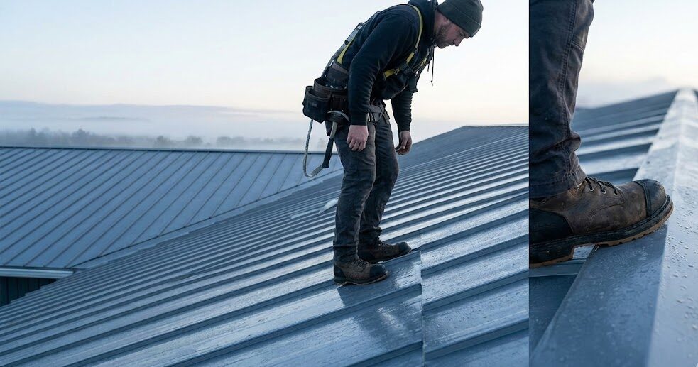 Worker wearing durable work boots on metal roofing, demonstrating safety and stability for roofing jobs in 2026.