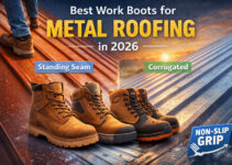 Work Boot on Metal Roof at Sunset Work Boot on Metal Roof at Sunset