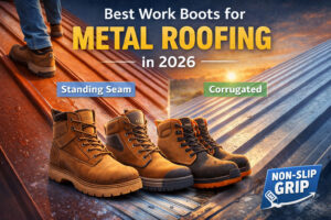 Work Boot on Metal Roof at Sunset