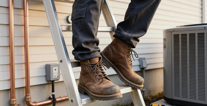 Worker on a ladder wearing brown boots.