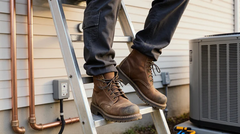 Worker on a ladder wearing brown boots.