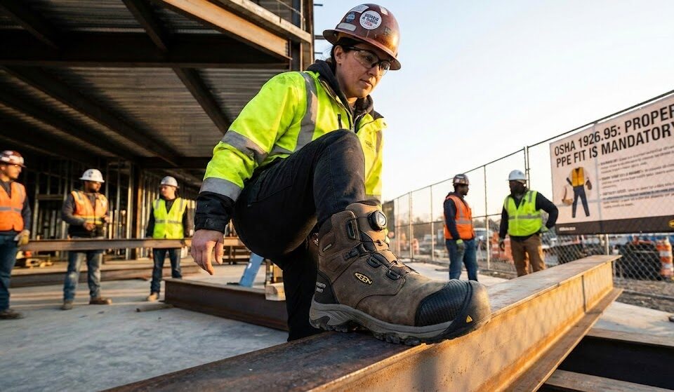 Construction worker demonstrating safety footwear on-site.