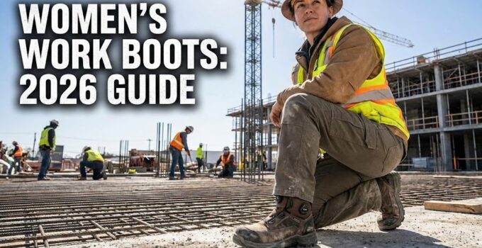 Women in construction wearing safety gear and boots.
