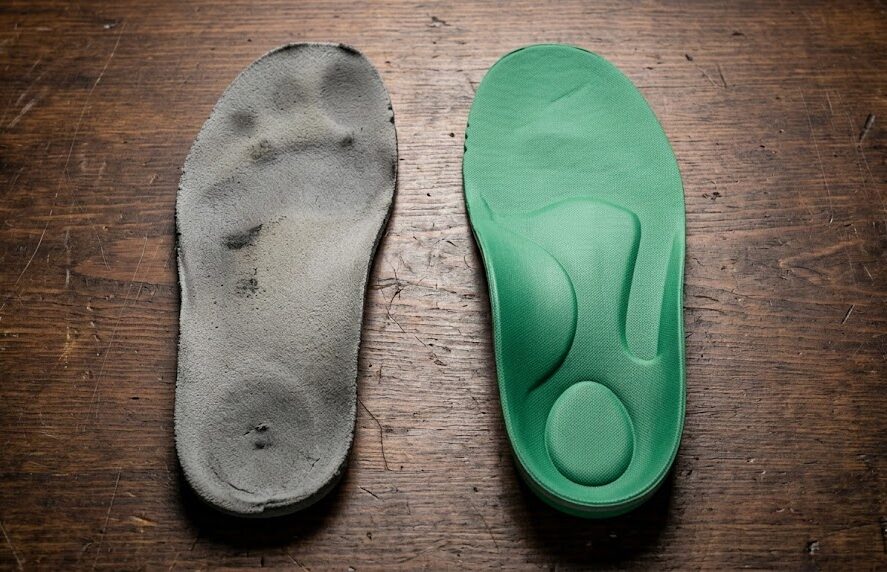 Comparison of worn and new shoe insoles.