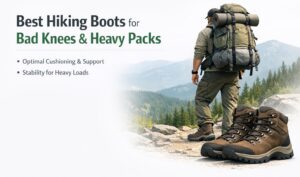 High-quality hiking boots designed for individuals with bad knees and heavy packs, offering optimal cushioning, support, and stability for challenging terrains.