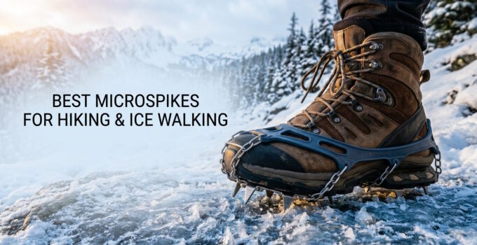 Close-up of a person wearing durable microspikes on hiking boots on icy terrain, ideal for winter hiking and ice walking safety.