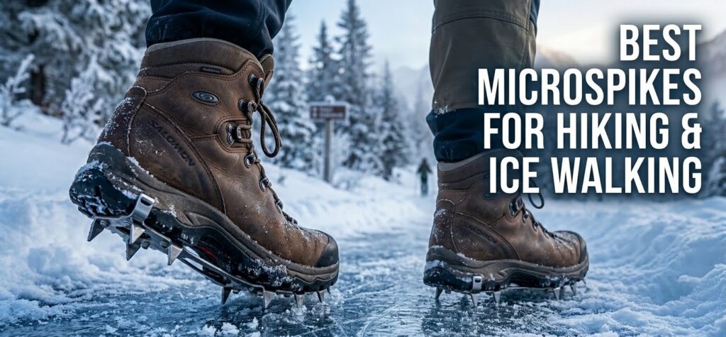 Winter hiking boots on icy terrain