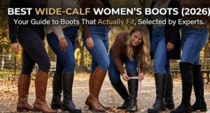 Group of women wearing stylish wide-calf boots outdoors, showcasing comfortable and fashionable footwear options for women with wider calves in 2026.