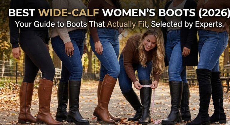 Group of women wearing stylish wide-calf boots outdoors, showcasing comfortable and fashionable footwear options for women with wider calves in 2026.
