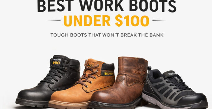 Four pairs of work boots displayed