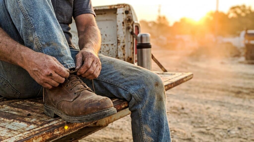 construction worker lacing work …  