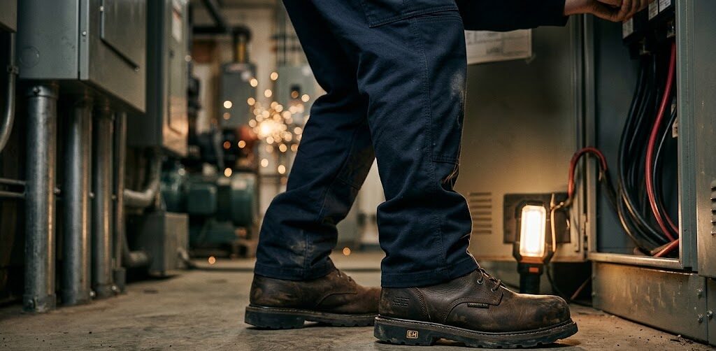 Worker wearing safety boots near electrical panel.