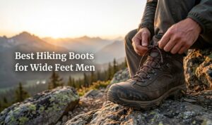 Man tying hiking boots on rocky terrain
