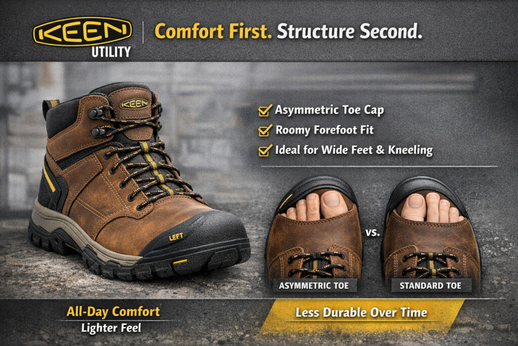 KEEN utility boot with asymmetric toe design