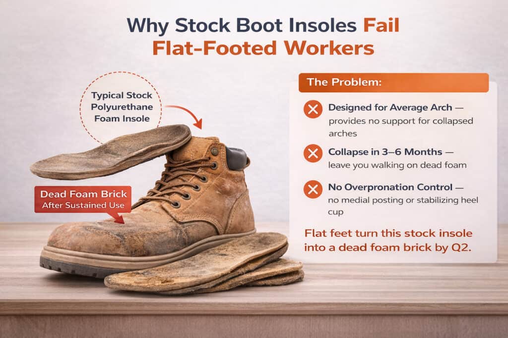 Worn-out insole next to work boot for flat feet.