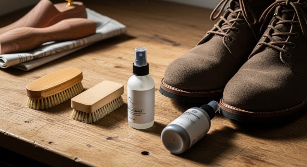 Shoe care products and boots on wooden table