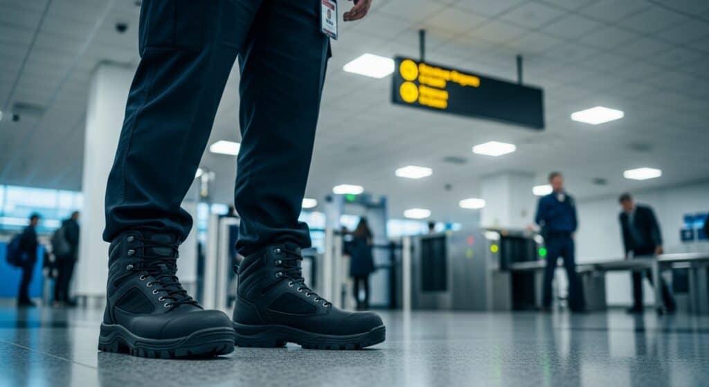 Close-up of durable black composite toe work boots worn by airport security personnel in an airport terminal.