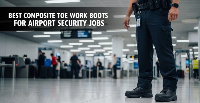 Security officer wearing durable composite toe work boots at airport security checkpoint, highlighting safety and comfort for airport security jobs.