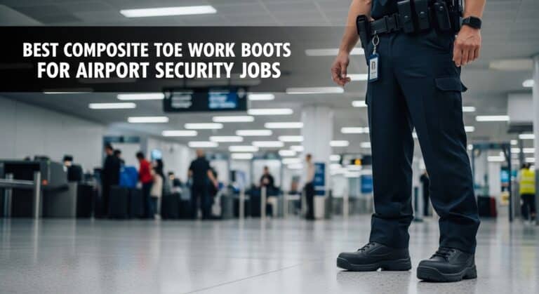Security officer wearing durable composite toe work boots at airport security checkpoint, highlighting safety and comfort for airport security jobs.