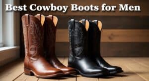 High-quality men's cowboy boots in brown and black, perfect for western style and outdoor wear. Durable leather construction with intricate stitching details.