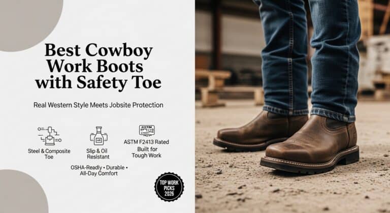 Close-up of cowboy work boots with safety toe, ideal for rugged job sites, showcasing durability and protection for Western-style work footwear.