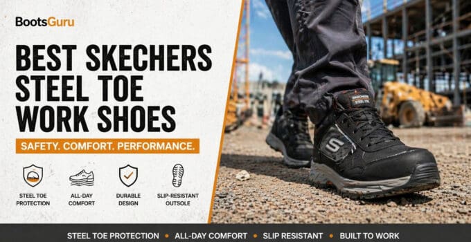 Close-up of Skechers steel toe work shoes worn on a construction site, highlighting durability and safety features for industrial work environments.