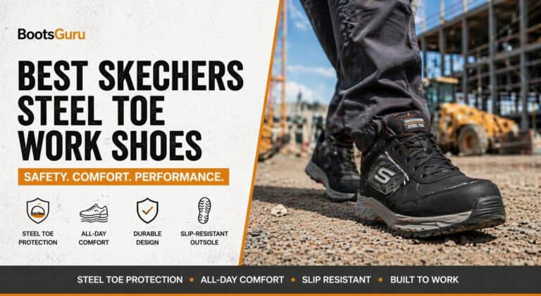 Close-up of Skechers steel toe work shoes worn on a construction site, highlighting durability and safety features for industrial work environments.