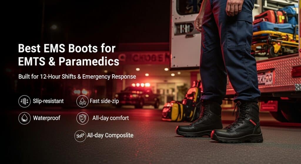 EMS boots designed for EMTs and paramedics offering slip resistance, waterproof features, and all-day comfort for quick emergency response.