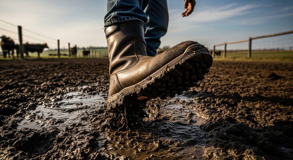 Boot stepping in muddy farmyard