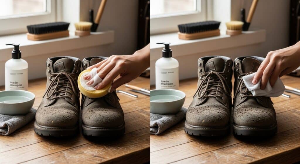 Cleaning suede boots with shampoo and sponge