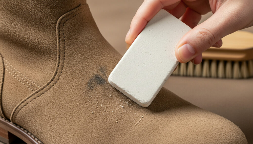 Cleaning a suede boot with a cleaning block