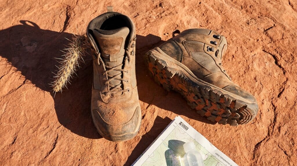 Dirty hiking boots on rocky terrain