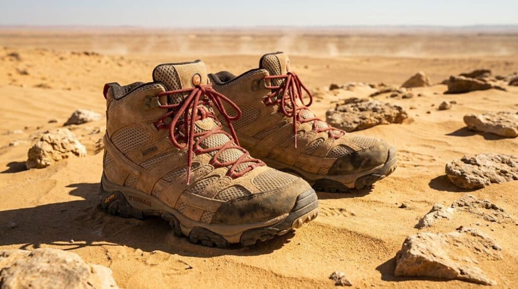 Hiking boots on sandy desert terrain