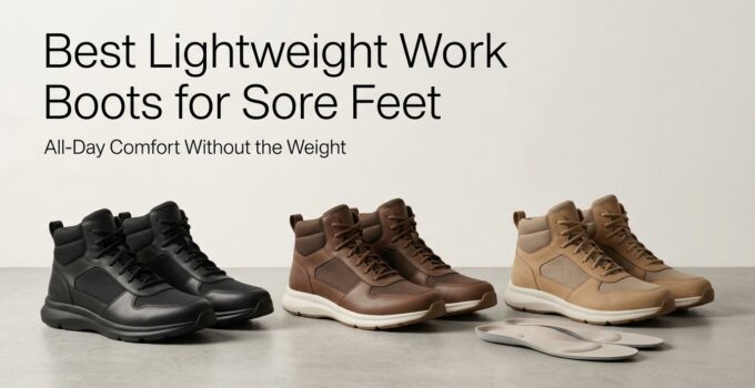 Three pairs of lightweight work boots in black, brown, and beige, designed for comfort and support, ideal for reducing foot soreness during long work shifts.