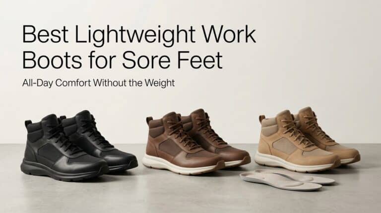 Three pairs of lightweight work boots in black, brown, and beige, designed for comfort and support, ideal for reducing foot soreness during long work shifts.