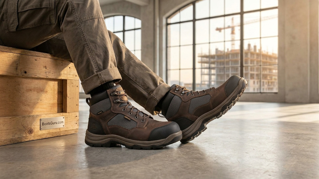 Brown hiking boots on a wooden crate