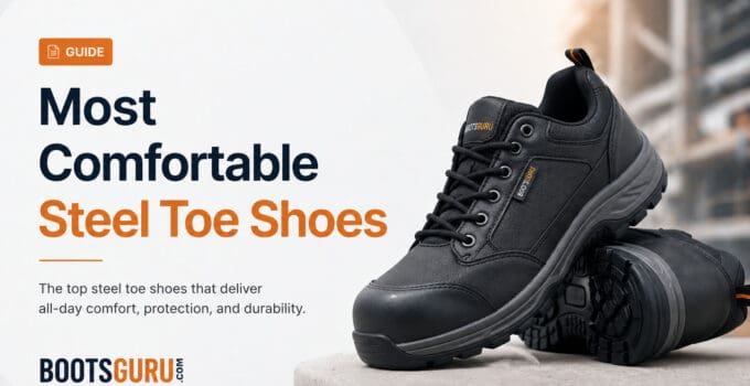 Close-up of a black steel toe work shoe on a concrete surface, highlighting durability and comfort for industrial safety.