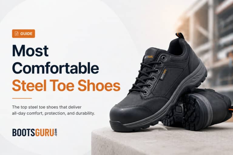 Close-up of a black steel toe work shoe on a concrete surface, highlighting durability and comfort for industrial safety.