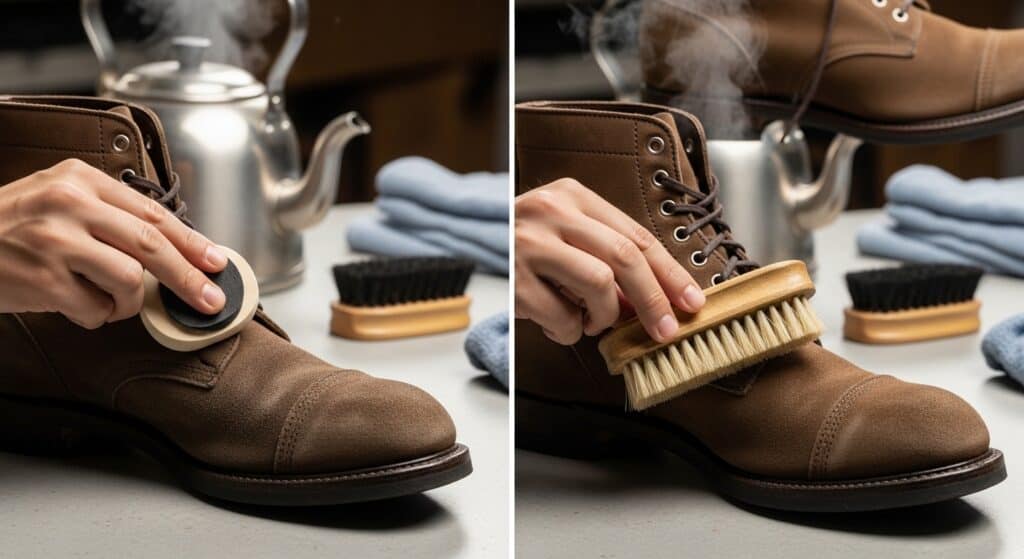 Person cleaning brown leather boots