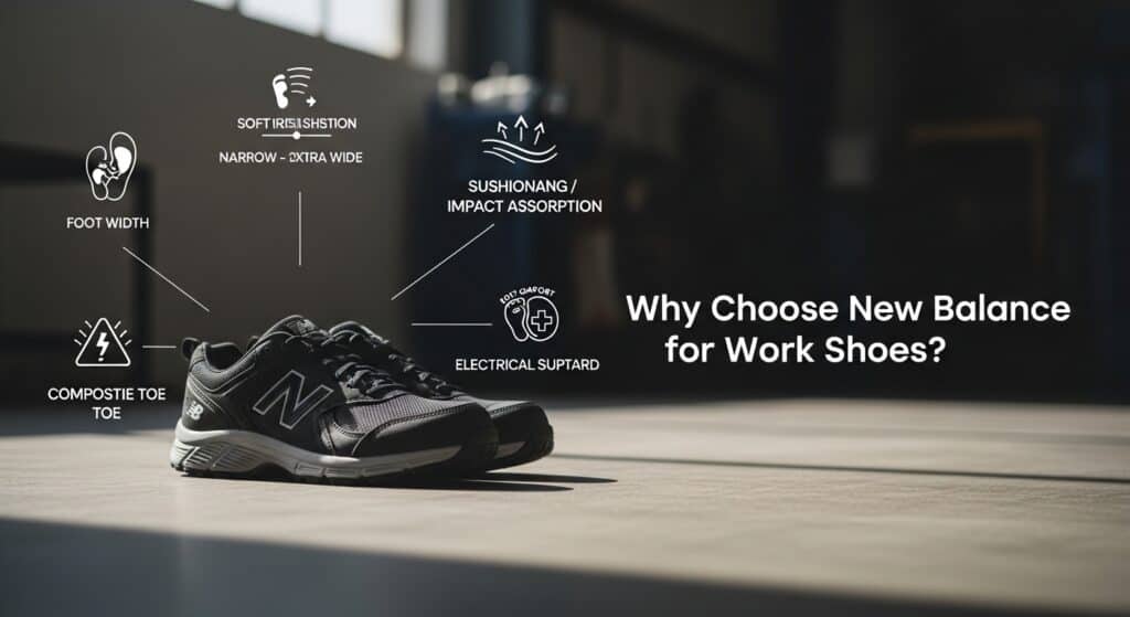New Balance work shoes with features displayed