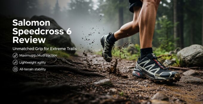 Close-up of Salomon Speedcross 6 trail running shoes in action on muddy trail, showcasing grip and stability for trail runners.